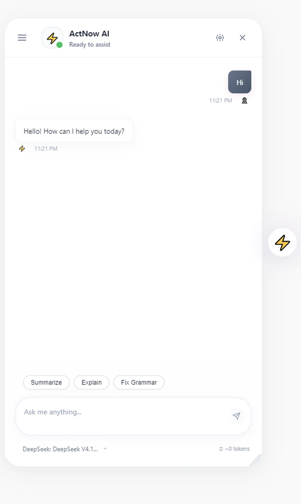 The ActNow AI Assistant panel open over a webpage, with quick prompt chips and a message box.