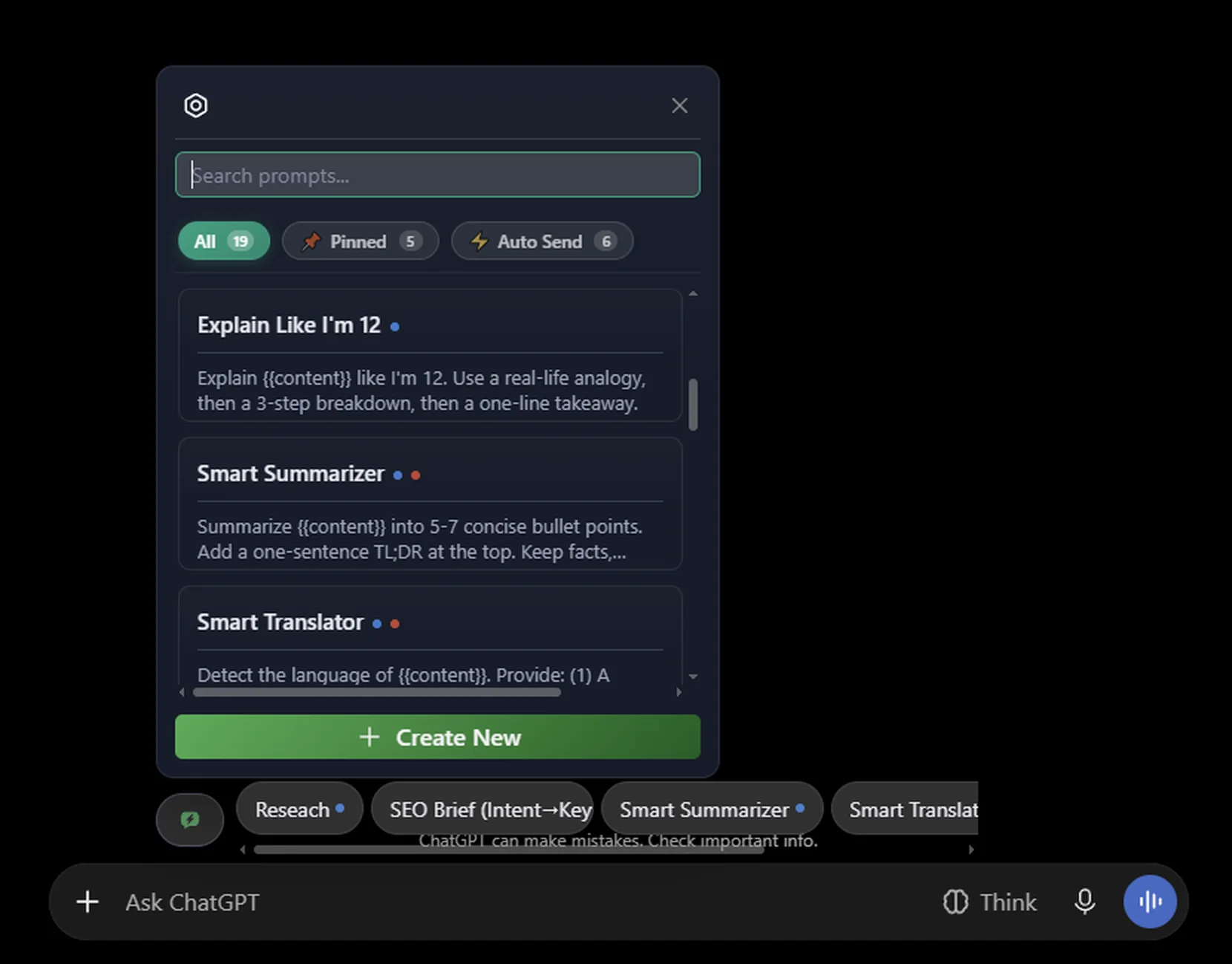 The ChatBoost prompt library open in ChatGPT: saved prompts with pinned and auto-send tags, and one-click prompt chips above the message box.